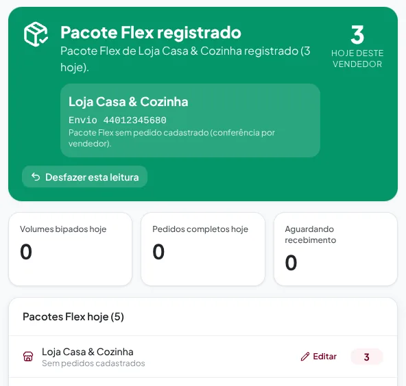 Pacote registrado na bipagem