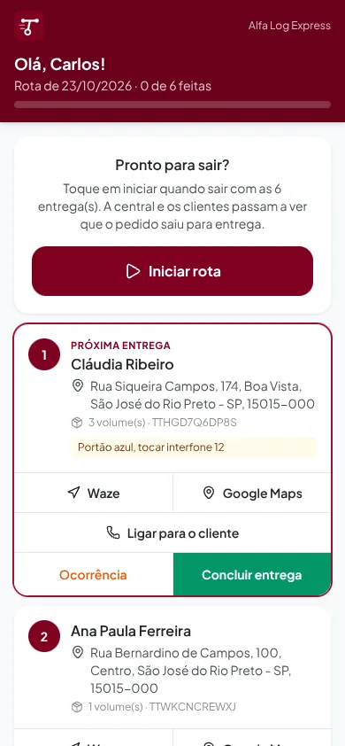 Rota do dia no celular do motorista